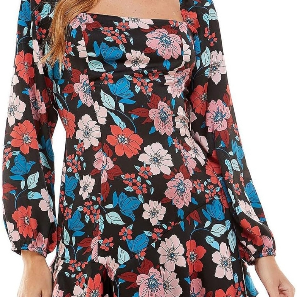 City Studio Floral Mini Dress Juniors 11 Black Square Neck Long Sleeve